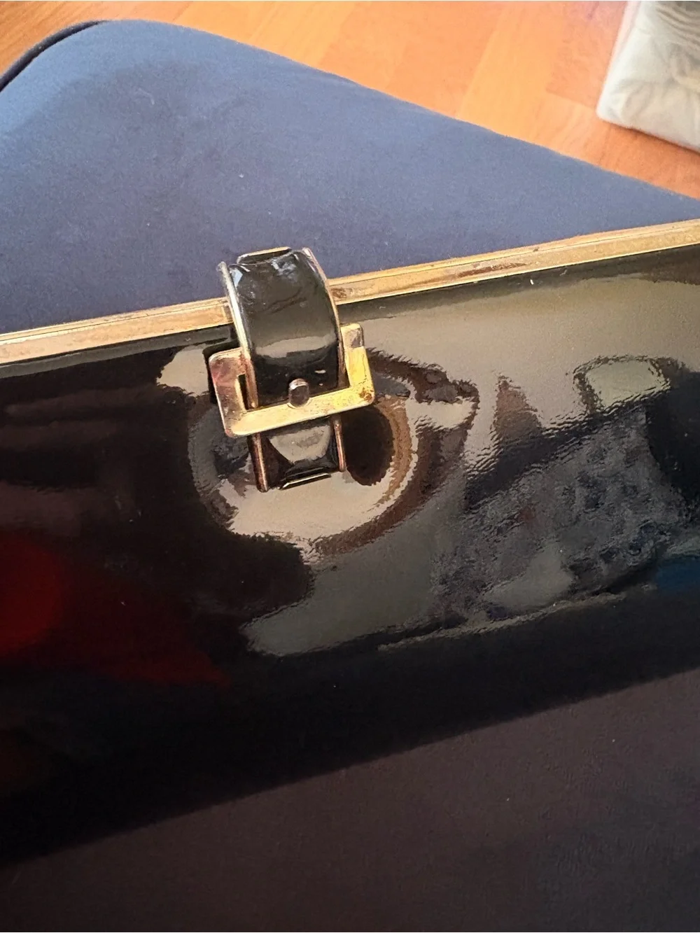 Vintage Black Patent Leather Clutch Bag with Gold Buckle